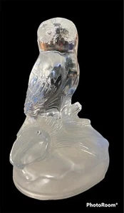 Vintage Crystal ? 6” Owl Figurine Paperweight Heavy Clear Frosted Glass on Log - Picture 1 of 2