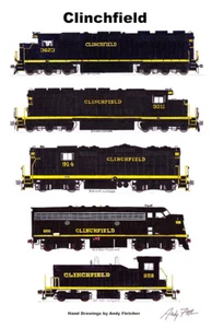 Póster Clinchfield negro de locomotoras de la década de 1970 11""x17"" firmado por Andy Fletcher - Imagen 1 de 1