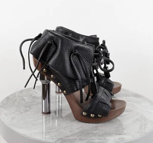 LOUIS VUITTON Sandalen schwarz Leder Fransen Metallic Absatz Holz Größe 37 - Bild 1 von 18