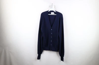 Vintage 70s Streetwear Mens XL Long Blank Knit Cardigan Sweater Navy Blue USA - Image 1 of 4