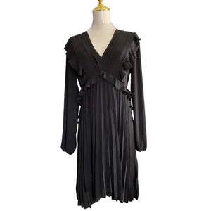 Express Black V Neck Pleated Ruffle Dress Small Long Sleeve Elegant New - Picture 1 of 10