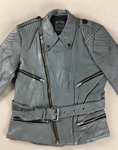 Vintage Leather Biker Jacket Motorcycle Jacket Grey EU Size 48 38” - Picture 1 of 20