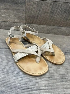 TOMS Lexie Canvas Sandals Vegan Thong Ankle Strap Beige Cream Gray Women 8.5 EUC - Picture 1 of 8
