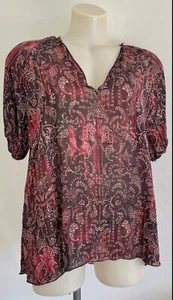 IRO Top Blouse V-Neck Burgundy Red Ikat Indonesia Batik Floral Print FR34-AU8-10 - Picture 1 of 10
