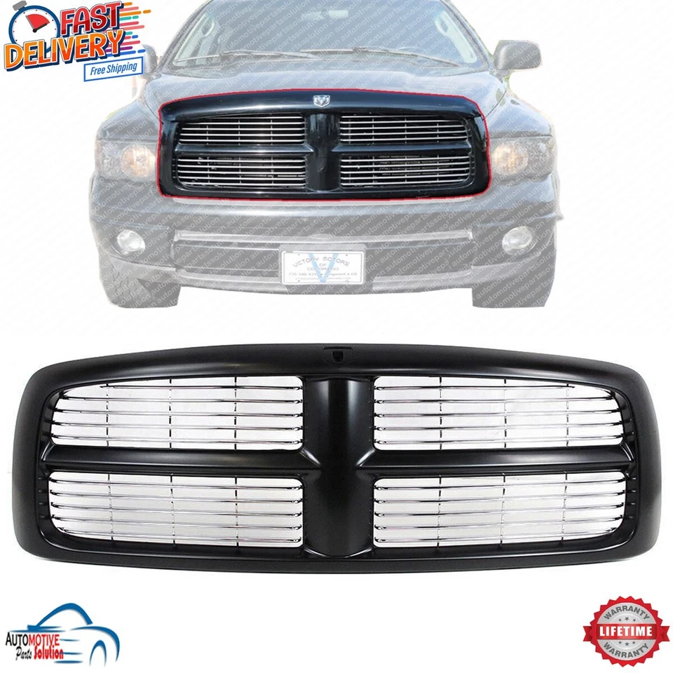 NEW FRONT GRILLE BLACK PLASTIC FOR 2002-2005 DODGE RAM 1500 2500 3500 CH1200259 - Image 1 of 4
