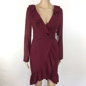 Kiss the Sky Maroon Wrap Front Tea Dress w Gold Studs Ruffles Size S NWT (AL18) - Bild 1 von 12