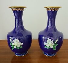 Pair of 10" Chinese Cloisonne Blue Enameled Flowers Vases