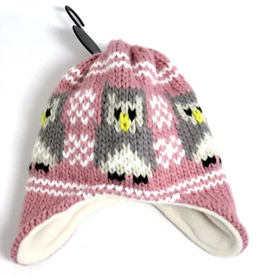 PRIMARK BABY GIRLS PINK & GREY COSY LINED KNIT OWL HAT 0-6 MONTHS KEEPS EARS WARM