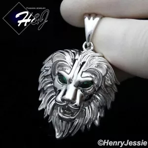MEN SOLID 925 STERLING SILVER ICY GREEN CZ EYE STONE 3D LION HEAD PENDANT*SP364 - Picture 1 of 5