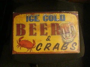 Ice Cold Beer & Crabs Beach Pub Bar Metal Sign - Picture 1 of 9