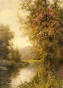 Pintura al óleo flor enredadera a lo largo de un arroyo sinuoso con una iglesia rural más allá - Imagen 1 de 1