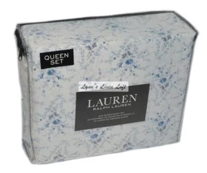 RALPH LAUREN Queen Bettwäsche Set 4P BLAU GEBLÜMT FRANZÖSISCHES LAND Baumwolle kleine Blumen - Bild 1 von 5