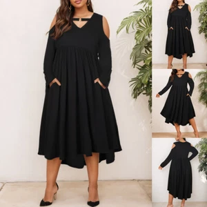 Plus Size Womens Cold Shoulder Midi Dress Long Sleeve Pockets Ruffle Swing Dress - Picture 1 of 14