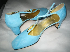 $310 ESCADA LEATHER VINTAGE SHOES IN BLUE T-STRAP SQUARE TOE LOW HEEL 8.5 ITALY - Picture 1 of 12