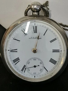 Orologio da taschino Victorian A.W.Co Waltham argento massiccio cassa distintivo 1886 funzionante - Foto 1 di 12