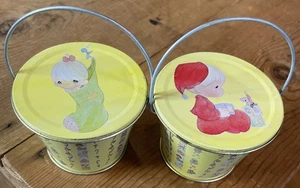 2 Precious Moments Tiny Christmas Tin Pails Buckets W/ Handles & Lids Vtg Enesco - Picture 1 of 24