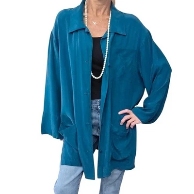 Chaqueta Camisa Vintage Años 90 Carole Little 100% Seda Verde Azulado Gran Tamaño M/L Foto 1 de 4