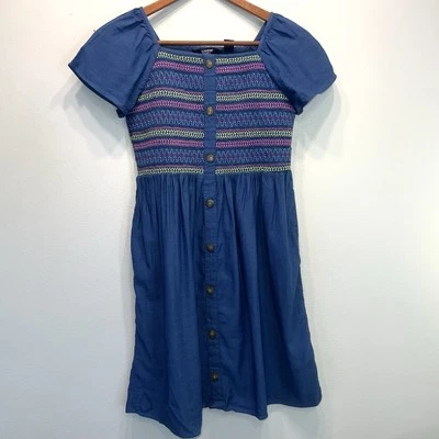 LANDS' END Girl's Blue Cotton Blend Short Sleeve Multi-Color Smocked Dress 12 - Image 1 of 4