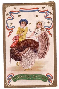 1907 Thanksgiving Greetings Embossed Postcard Large Turkey Stars & Stripes SB259 - Picture 1 of 2