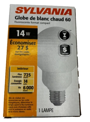 SYLVANIA SOFT WHITE GLOBE 60 29195 LIGHT LAMP BULB CF14EL/G/830/MED 14W - Image 1 of 4