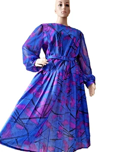 Vintage Secretary Geek Dress 1980's Blue Purple Size 14 Vintage 18 Office Chic - Picture 1 of 17