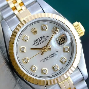 Rolex Datejust 69173 Ladies 26mm 18K Gold & Steel White MOP Diamond Dial Watch  - Picture 1 of 22