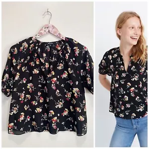 Blusa Top MADEWELL Seda con Muescas Volantes Puño en Lanzamiento de Clavel Floral XS Negra - Imagen 1 de 12