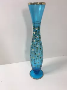 12 Zoll Vintage Blau Glas Handbemalte Stiel Vase Gold Umrandet - Bild 1 von 10