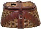 MID-20TH C ANTIQUE WICKER & LEATHER TRIM FLY FISHING CREEL W/HNGD LID, HONG KONG