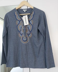 DAMART NEW Womens Top T-shirt Blue Grey Long Sleeve Size 8 Embroidered Neckline - Picture 1 of 10