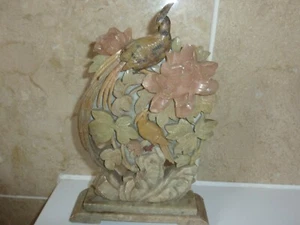 ANTIK 24 CM + 14,5 CM SPECKSTEIN 2 VÖGEL IN ROSA BLUME/BLATTBAUM AUF FELSENSCHNITZEREI - Bild 1 von 12