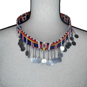 Collar Gargantilla Étnica Tribal Africana Con Cuentas Masái - Hecho a Mano - Rojo Azul Amarillo - Imagen 1 de 6