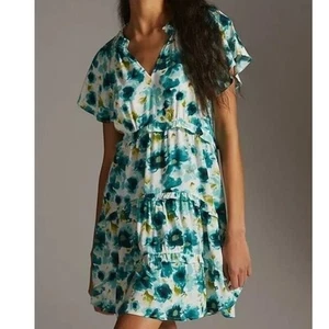 Anthropologie Robin Mini Dress Size XL Green Short Sleeve V-Neck Ruffle Hem Boho - Picture 1 of 12