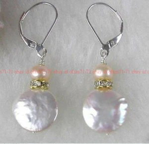 Natural 11-12mm White Coin Freshwater Pearl Silver Leverback Dangle Earrings - Picture 1 of 12