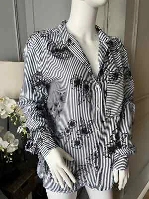 NEXT Blouse Shirt Top Size 10 Blue White Stripe Floral Print Button Up  - Image 1 of 4