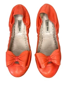 Miu Miu By Prada Ballerinas Ballerina Schuhe 37 Orange Scrunch Schleife Halbschuhe - Bild 1 von 11