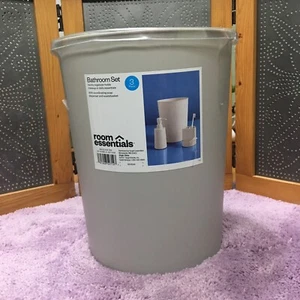 New 3 Pc Gray Bathroom Accessory Set Soap Dispenser Toothbrush Holder Trash Can - Picture 1 of 6