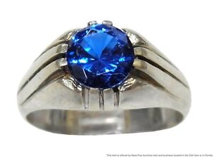 Sapphire Blue Lab Created Spinel Mens Ring 10gr Heavy 14k White Gold Midcentury