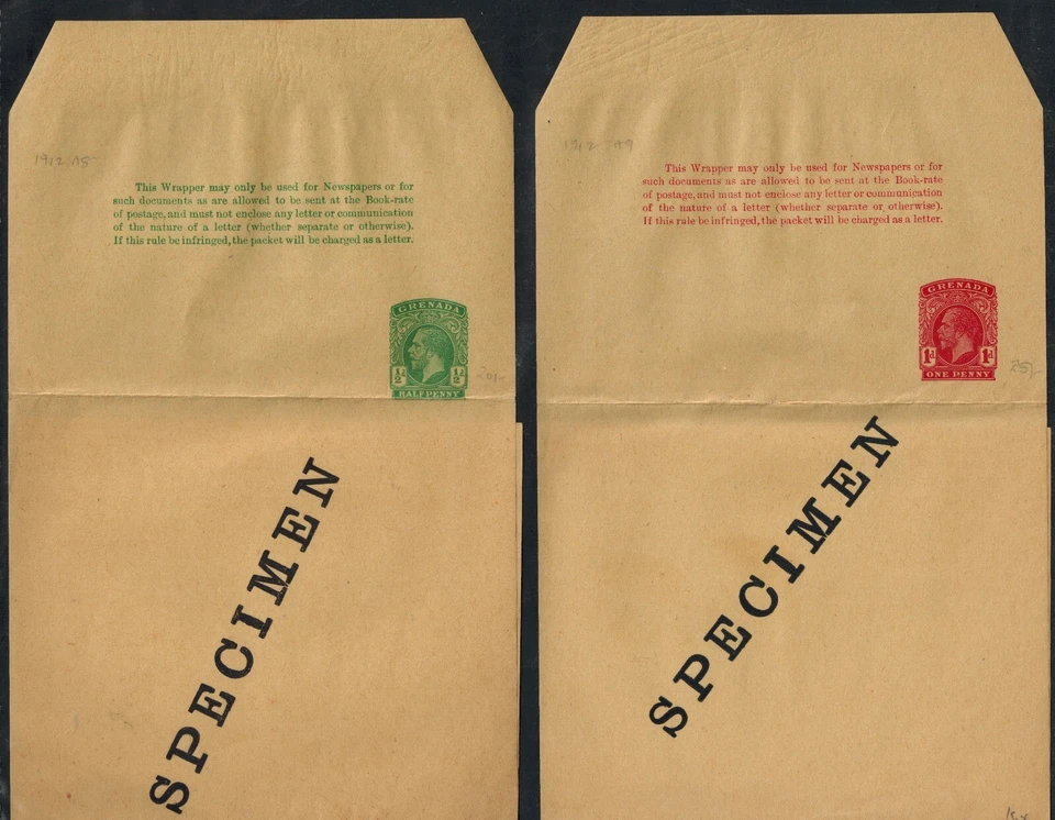 Papelaria postal Granada KG V 1/2D e 1d embrulhadores com ESPÉCIME OVPT em perfeito estado GEM - Imagem 1 de 1