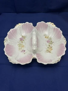 Antique Large KPM Germany Porcelain Divided Handled Serving Dish Pink Gold Trim - Picture 1 of 11