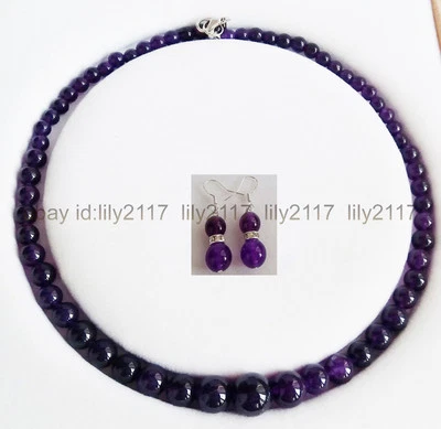 Fashion Beautiful 6-14mm Amethyst Round Beads Necklace Earrings Set 18 Inch - Image 1 of 4