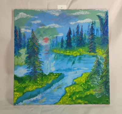 ÚNICA Pintura en Lienzo Grande Puesta de Sol Bosques Río Naturaleza Paisaje Firmado 19.75x20 Foto 1 de 4