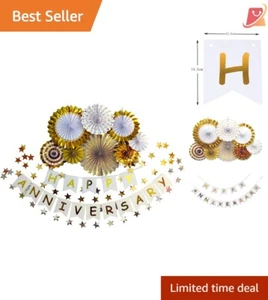 Happy Anniversary Banner Gold Paper Set for Weddings Parties Easy Decor - Picture 1 of 11