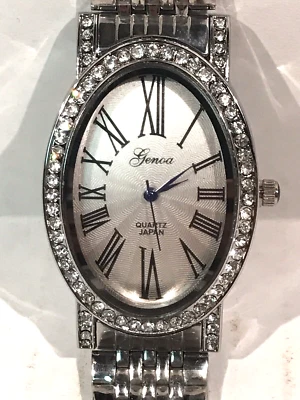 Elegant Genoa IP Silver Women's Quartz Watch Oval Curved Face Water Resistant - Image 1 of 4