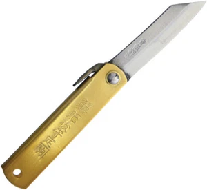 New Higonokami Folder Brass 75MM BRASS + BLUE LEATHER CASE - Picture 1 of 3