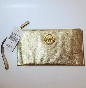 (NEW) MICHAEL KORS FULTON Large Zip Clutch Wristlet Purse GOLD Pebbled Leather - Picture 1 of 10