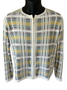 Cárdigan Ann Taylor Factory para mujer mediano cremallera completa blanco amarillo verde gris a cuadros - Imagen 1 de 9