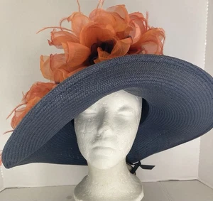 Kentucky Vintage hat FORM’E MILLINERY Women Derby Flower wide brim Blue Orange - Picture 1 of 16