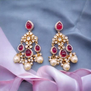 Silver Moissanite Polki Chandbali, Wedding Jewelery, Moissanite Polki Earring - Picture 1 of 9