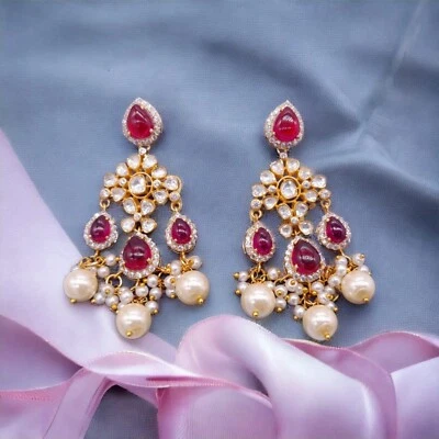 Silver Moissanite Polki Chandbali, Wedding Jewelery, Moissanite Polki Earring - Image 1 of 4